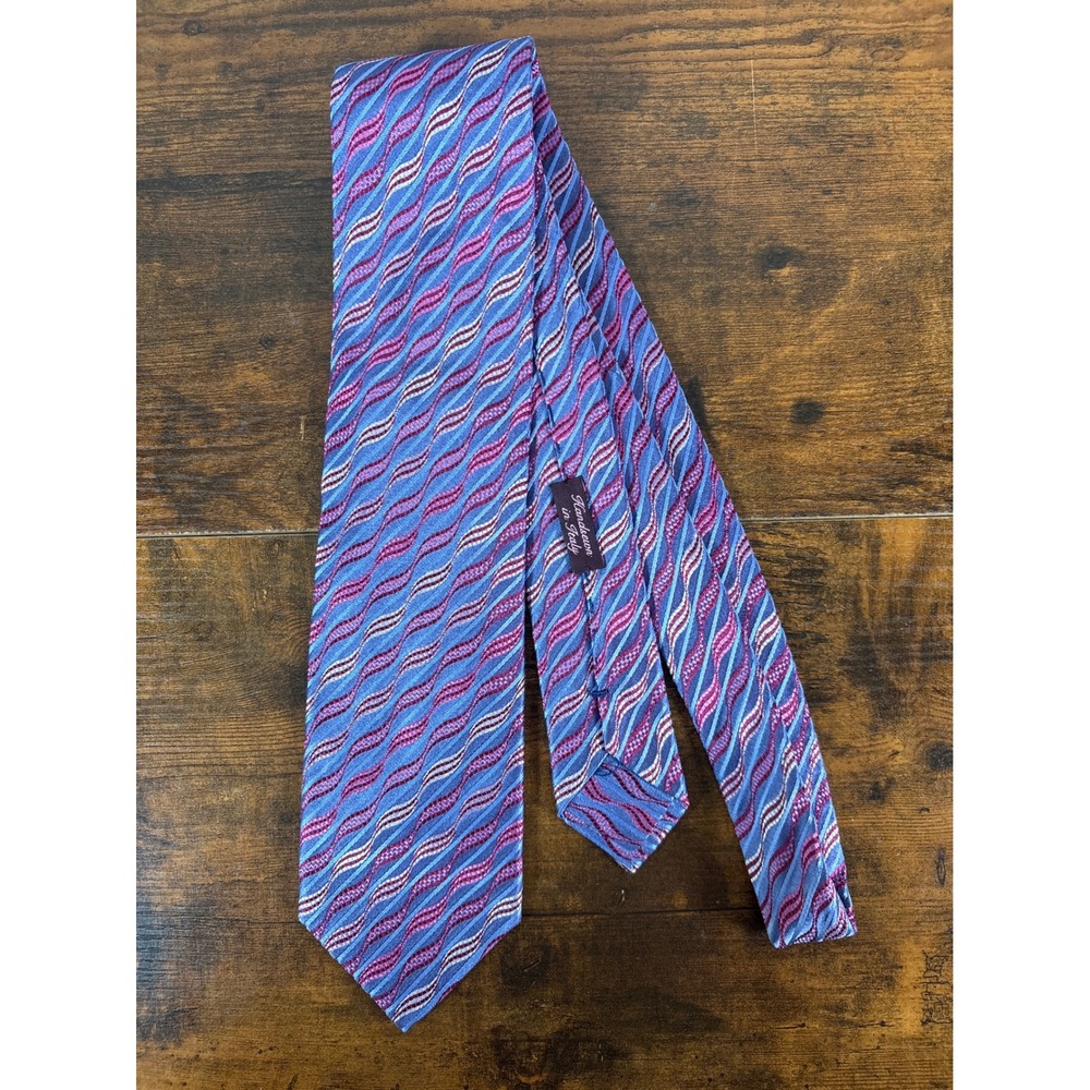 Daniel Lazaro Figueredo Mens Blue Magenta Wavy Geometric Silk Tie Made in Italy
